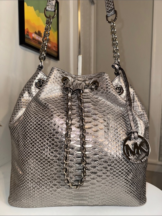 Michael Kors Handbags - Michael Kors Metallic Silver Python Embossed Leather Frankie Drawstring Bag